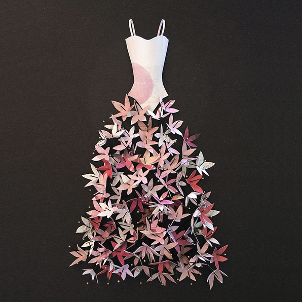 Handcut paper dress with entomology pins - Raspberry Ripple